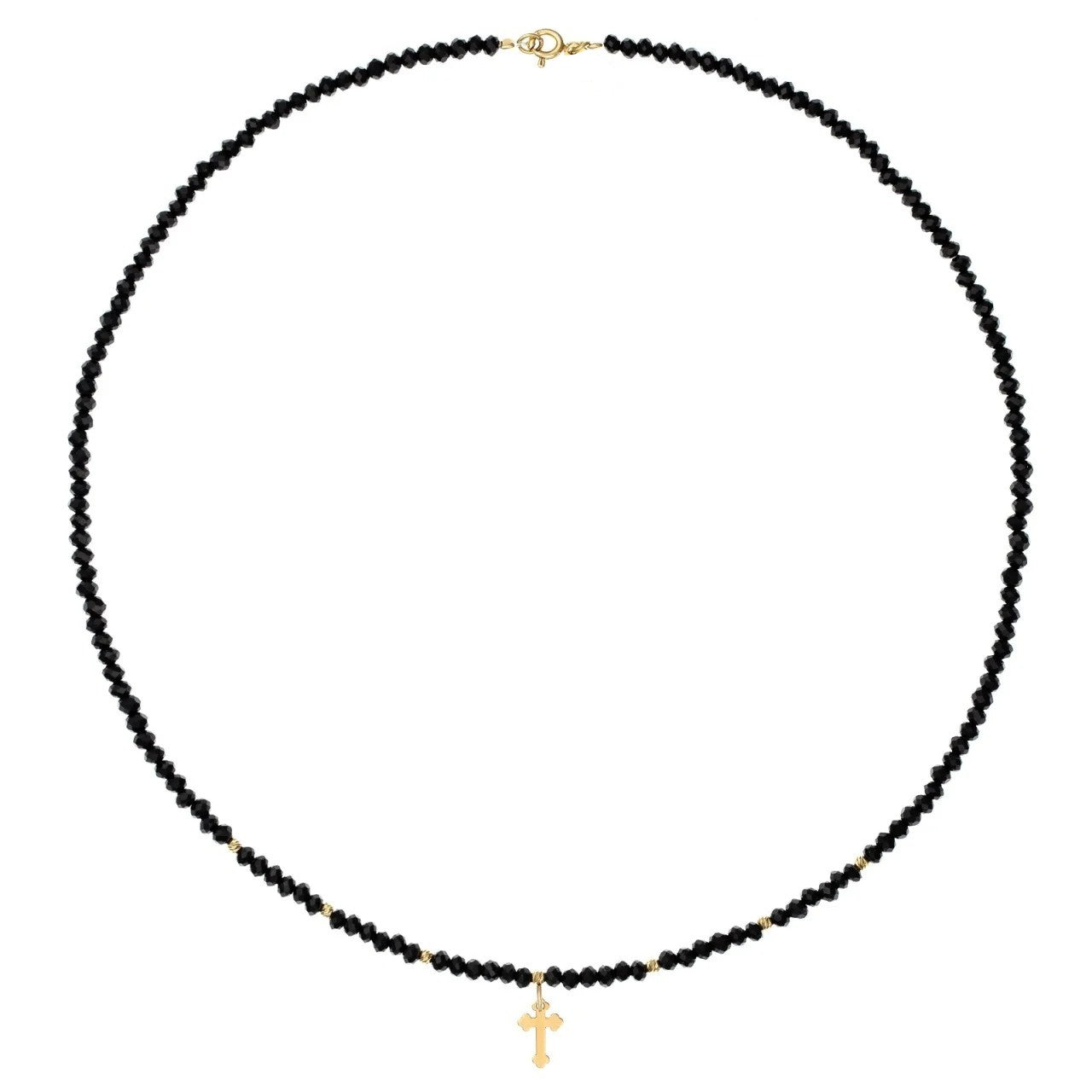 14K Gold Cross Necklace with Black Crystal Beads