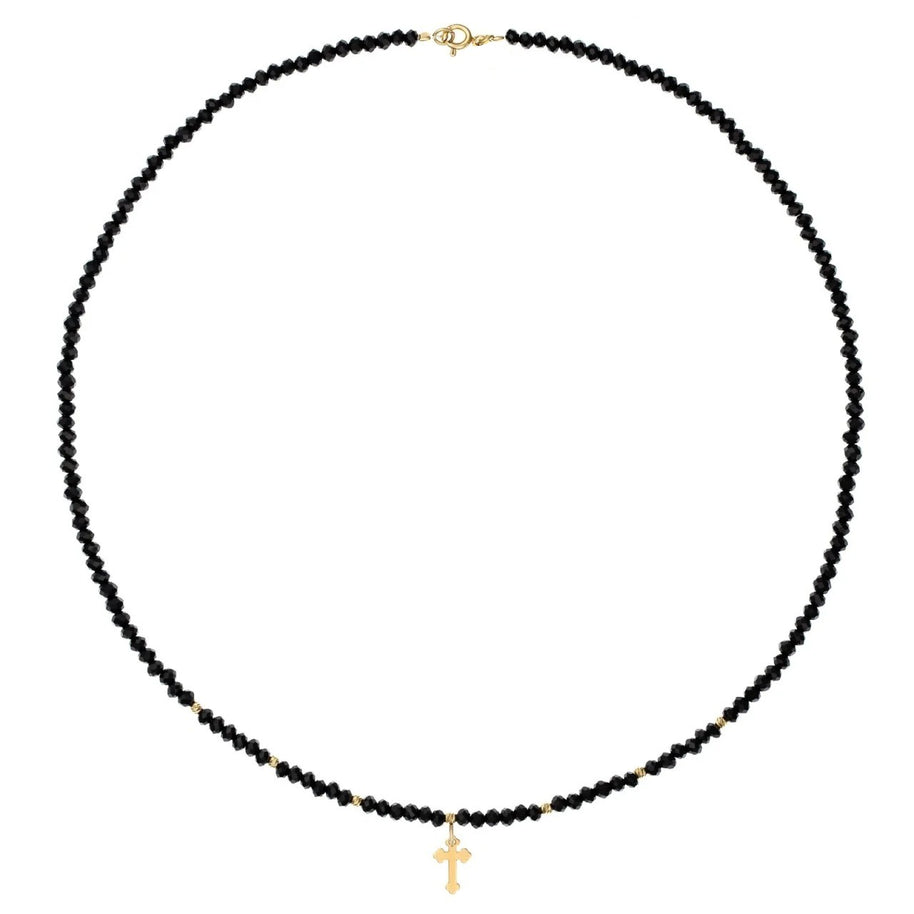 14K Gold Cross Necklace with Black Crystal Beads