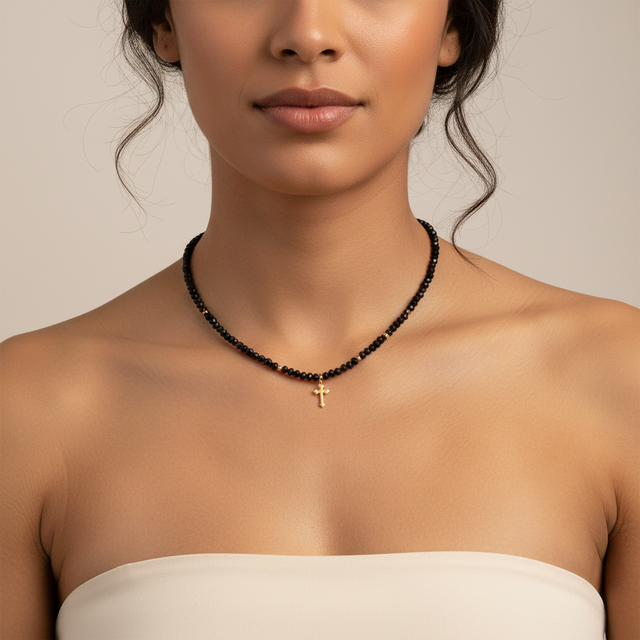 14K Gold Cross Necklace with Black Crystal Beads