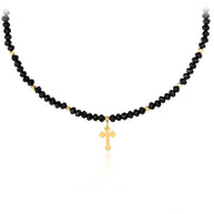 14K Gold Cross Necklace with Black Crystal Beads