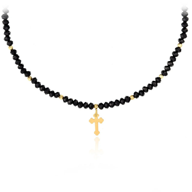 14K Gold Cross Necklace with Black Crystal Beads