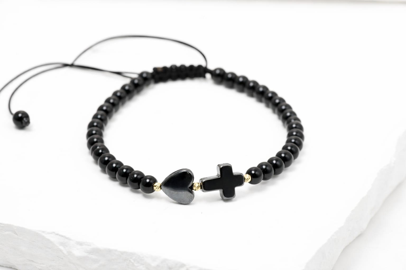 Black Bead Bracelet with Heart and Cross – Adjustable