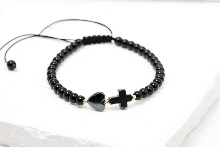 Black Bead Bracelet with Heart and Cross – Adjustable