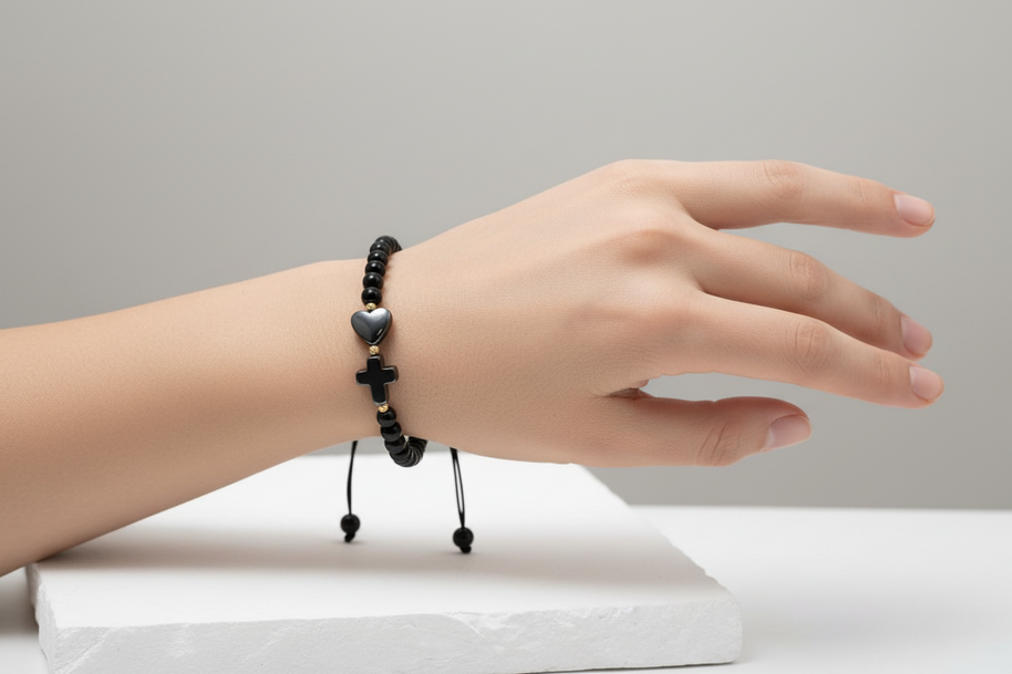 Black Bead Bracelet with Heart and Cross – Adjustable