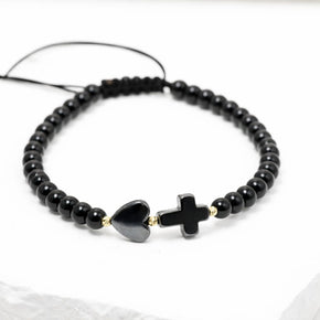 Black Bead Bracelet with Heart and Cross – Adjustable