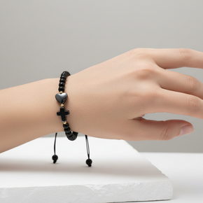 Black Bead Bracelet with Heart and Cross – Adjustable