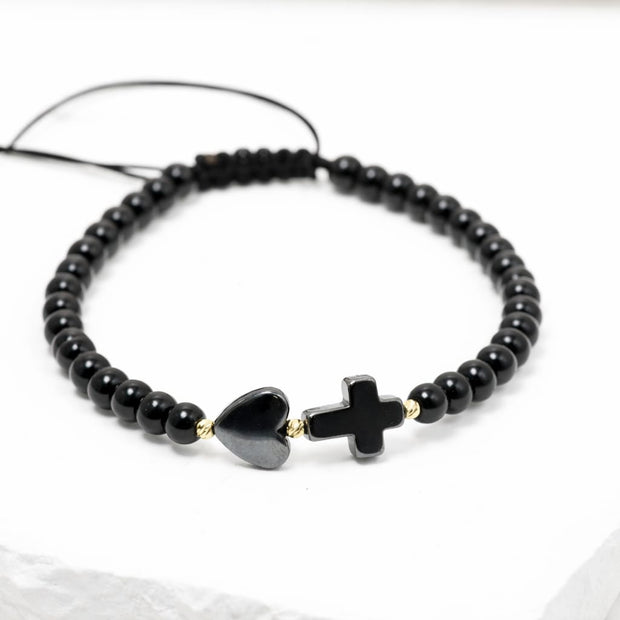 Black Bead Bracelet with Heart and Cross – Adjustable