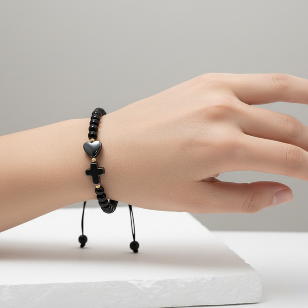 Black Bead Bracelet with Heart and Cross – Adjustable