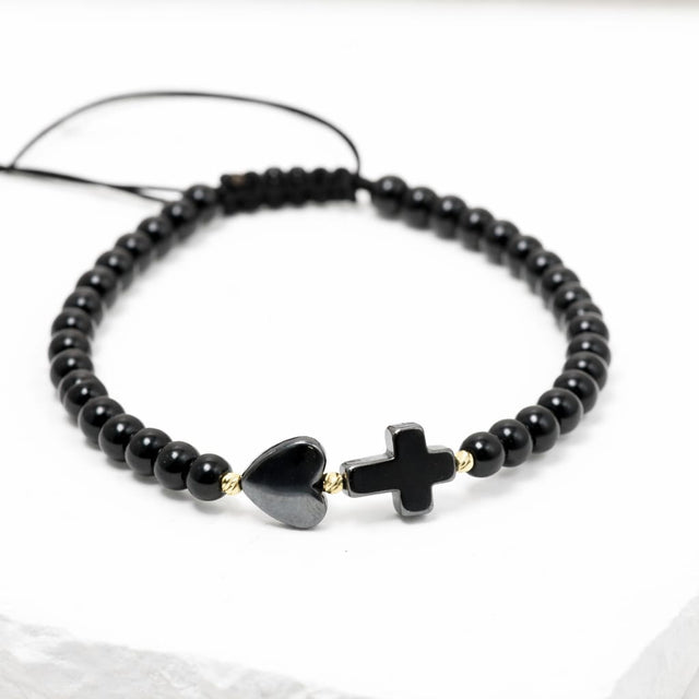 Black Bead Bracelet with Heart and Cross – Adjustable