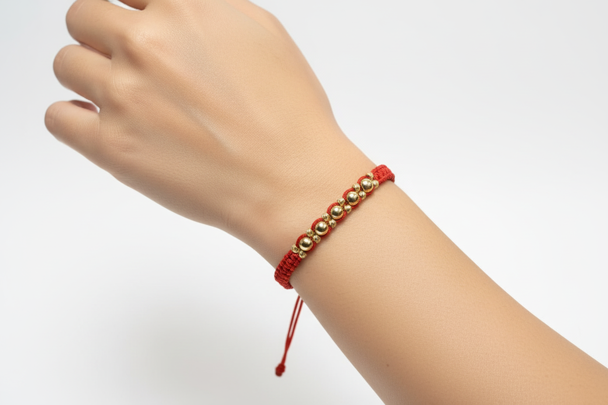 Red String Bracelet with 14K Gold Beads – Adjustable Lucky Bracelet