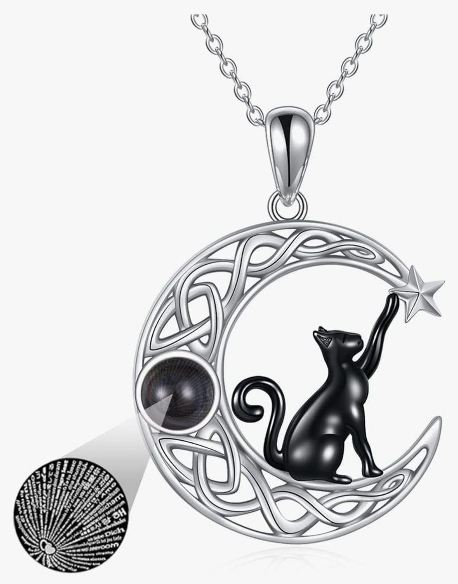 Sterling Silver Black Cat Necklace with Moon Pendant Jewellery Birthday Gifts for Women Teen Girls