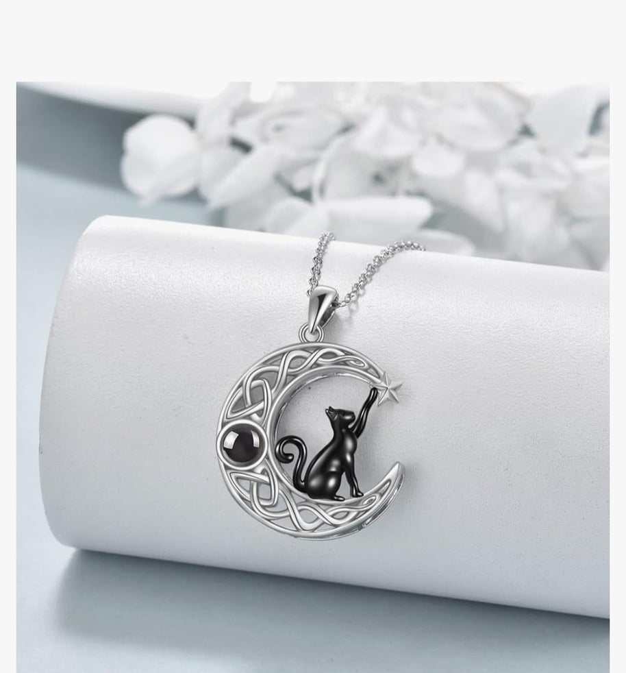 Sterling Silver Black Cat Necklace with Moon Pendant Jewellery Birthday Gifts for Women Teen Girls