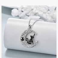 Sterling Silver Black Cat Necklace with Moon Pendant Jewellery Birthday Gifts for Women Teen Girls