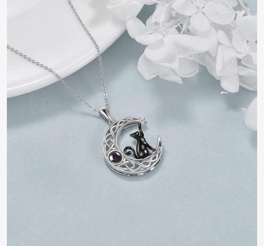 Sterling Silver Black Cat Necklace with Moon Pendant Jewellery Birthday Gifts for Women Teen Girls