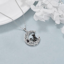 Sterling Silver Black Cat Necklace with Moon Pendant Jewellery Birthday Gifts for Women Teen Girls