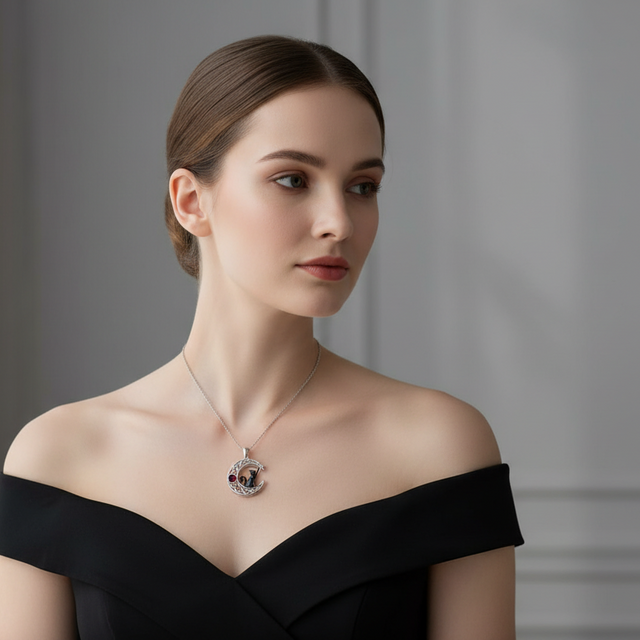 Sterling Silver Black Cat Necklace with Moon Pendant Jewellery Birthday Gifts for Women Teen Girls