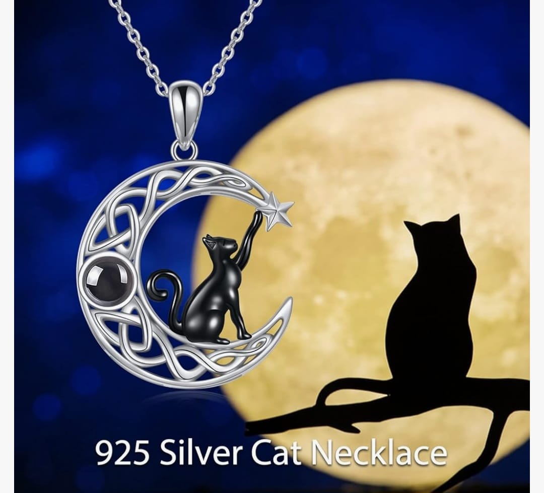 Sterling Silver Black Cat Necklace with Moon Pendant Jewellery Birthday Gifts for Women Teen Girls