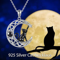 Sterling Silver Black Cat Necklace with Moon Pendant Jewellery Birthday Gifts for Women Teen Girls