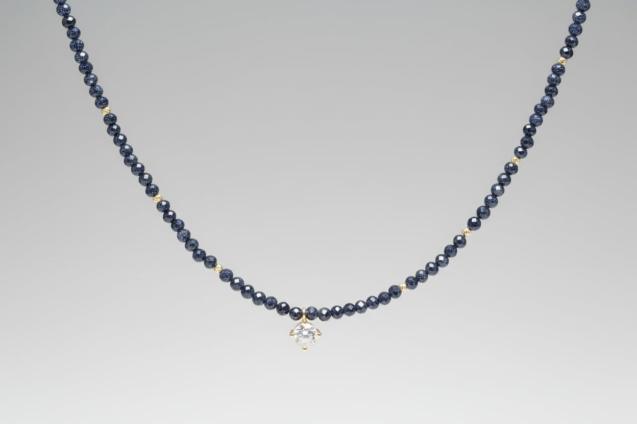 14K Gold Dark Blue Beaded Necklace with Crystal Charm