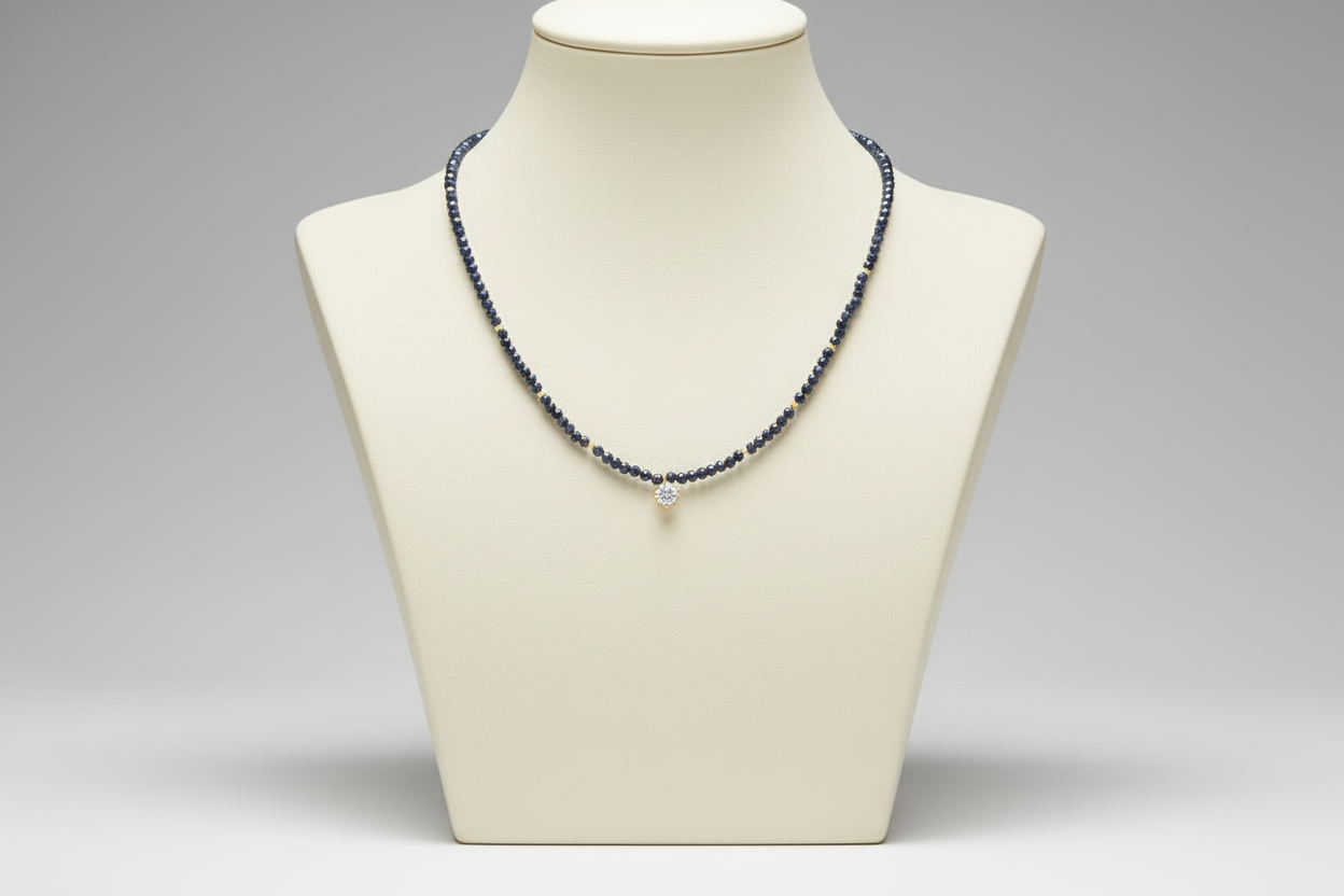14K Gold Dark Blue Beaded Necklace with Crystal Charm