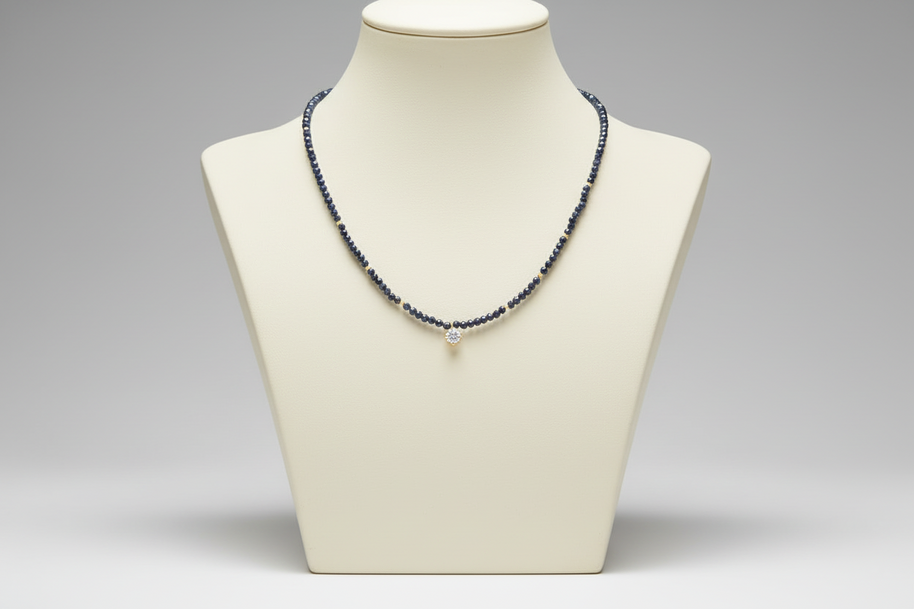 14K Gold Dark Blue Beaded Necklace with Crystal Charm