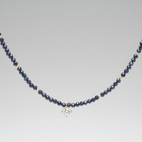 14K Gold Dark Blue Beaded Necklace with Crystal Charm