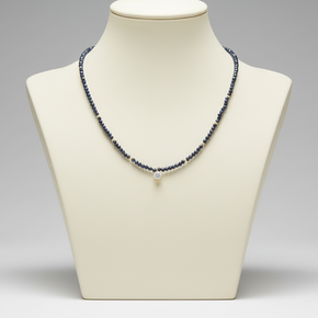 14K Gold Dark Blue Beaded Necklace with Crystal Charm