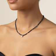 14K Gold Dark Blue Beaded Necklace with Crystal Charm