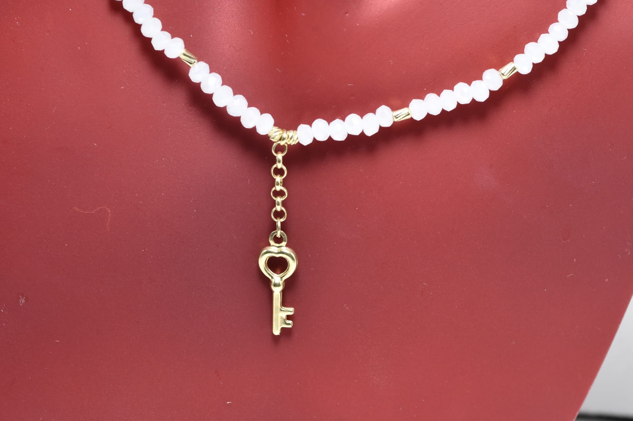 14K Gold White Beaded Necklace with Key Charm