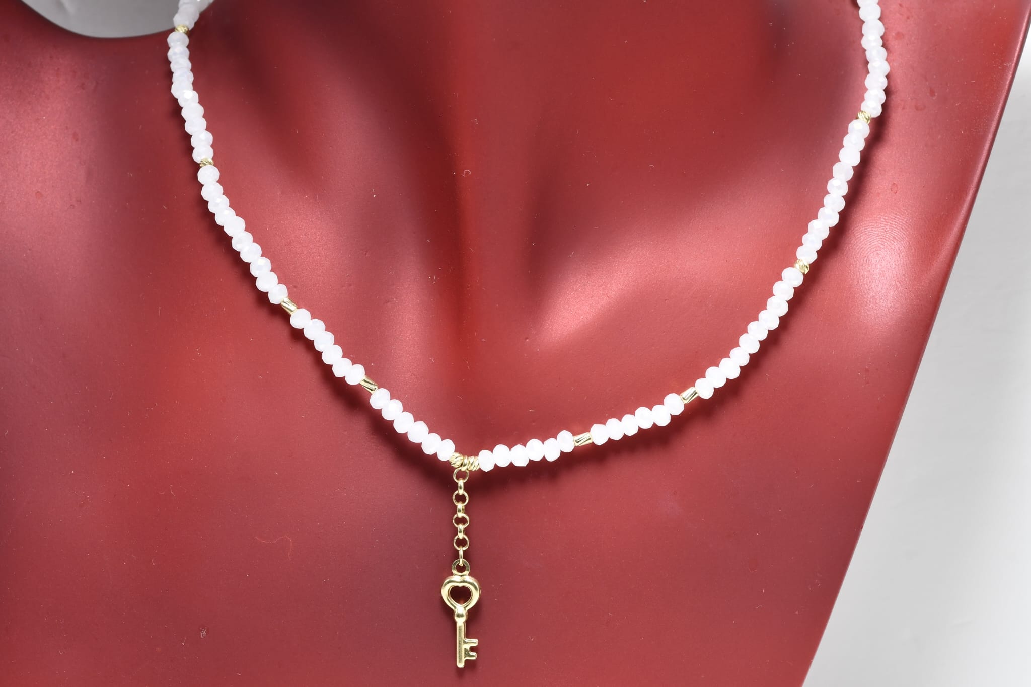 14K Gold White Beaded Necklace with Key Charm