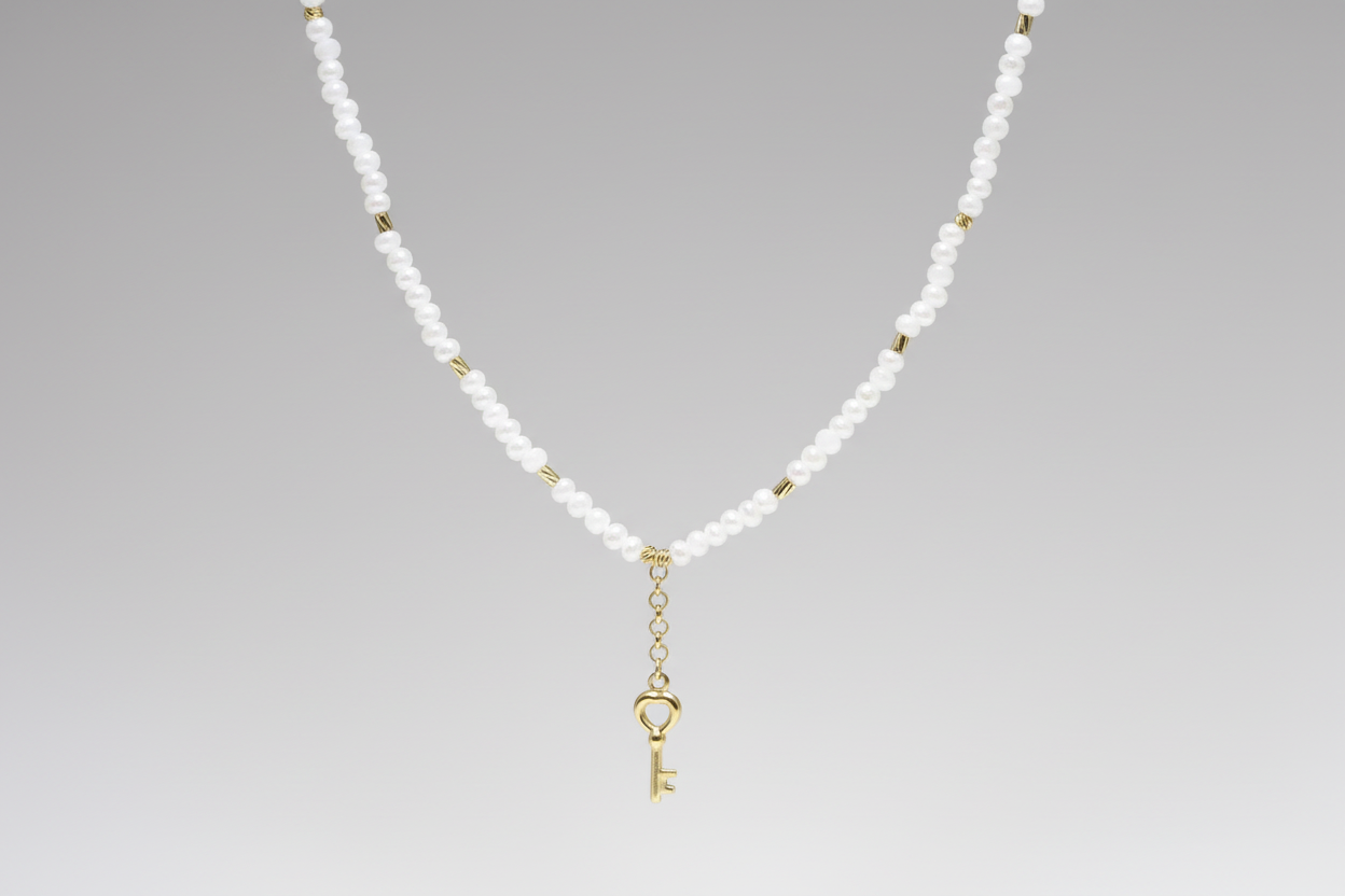 14K Gold White Beaded Necklace with Key Charm