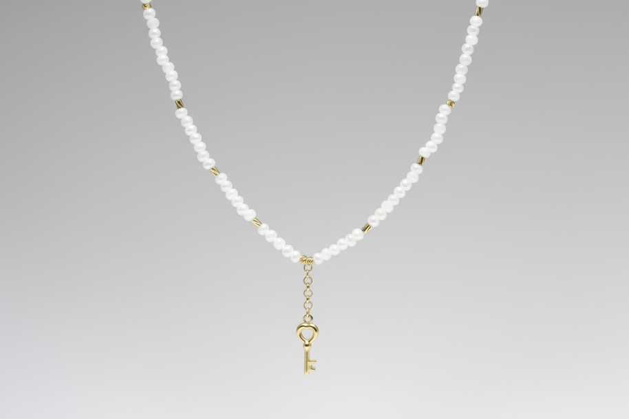 14K Gold White Beaded Necklace with Key Charm
