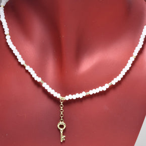 14K Gold White Beaded Necklace with Key Charm