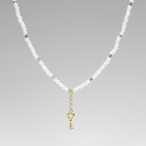 14K Gold White Beaded Necklace with Key Charm