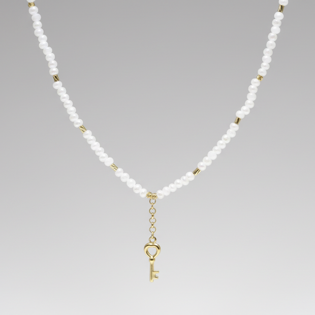 14K Gold White Beaded Necklace with Key Charm