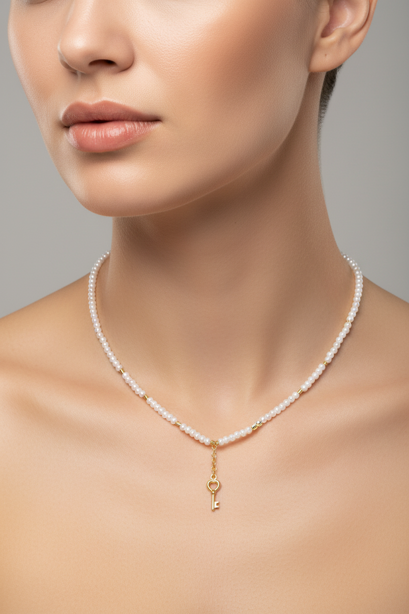 14K Gold White Beaded Necklace with Key Charm