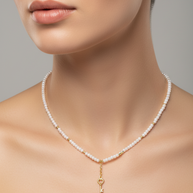 14K Gold White Beaded Necklace with Key Charm