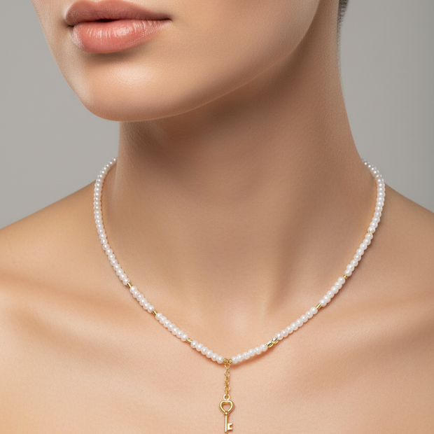 14K Gold White Beaded Necklace with Key Charm
