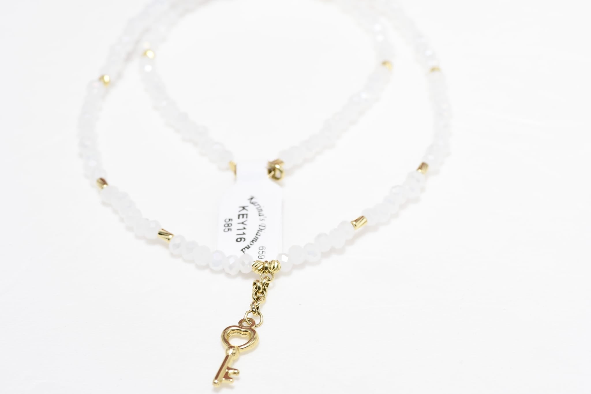 14K Gold White Beaded Necklace with Key Charm
