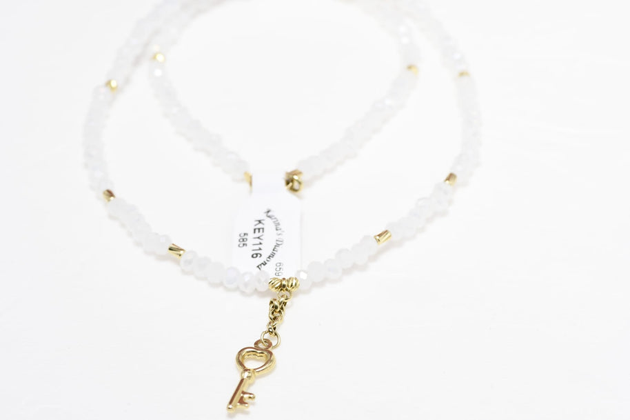 14K Gold White Beaded Necklace with Key Charm