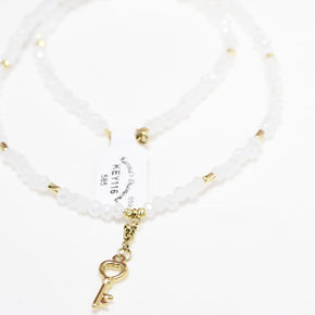 14K Gold White Beaded Necklace with Key Charm