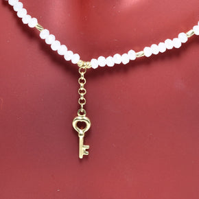 14K Gold White Beaded Necklace with Key Charm