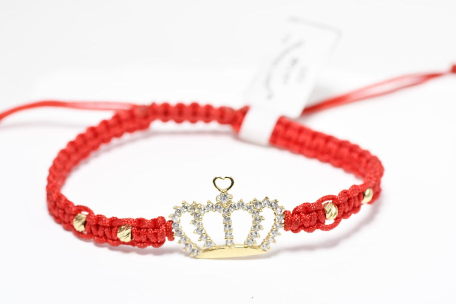 14K Gold Red Cord Bracelet with Crown Charm