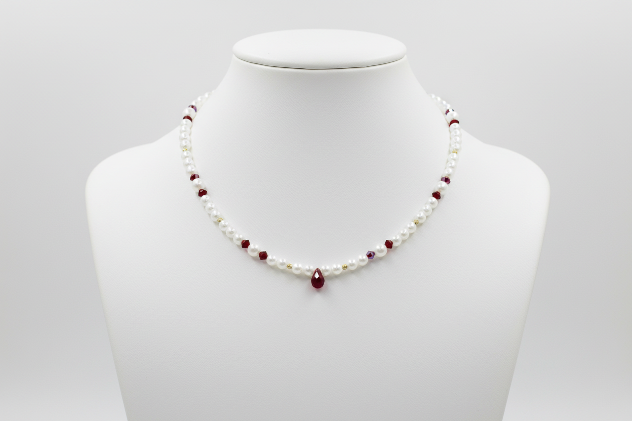 Ruby Pearl Drop Necklace – 14K Gold