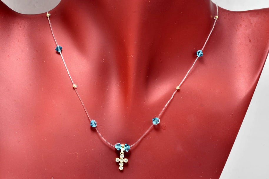 Blue Crystal Cross Necklace – 14K Gold
