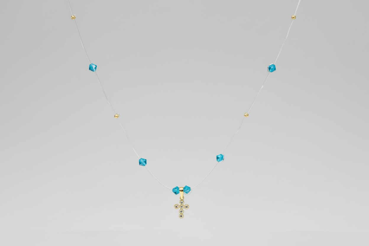 Blue Crystal Cross Necklace – 14K Gold