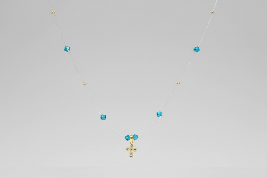 Blue Crystal Cross Necklace – 14K Gold