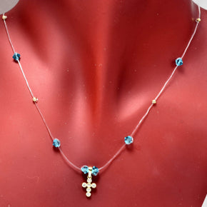 Blue Crystal Cross Necklace – 14K Gold