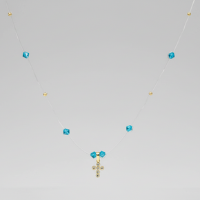 Blue Crystal Cross Necklace – 14K Gold