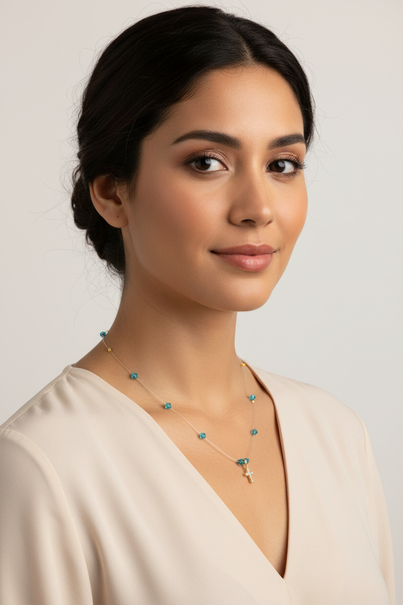 Blue Crystal Cross Necklace – 14K Gold